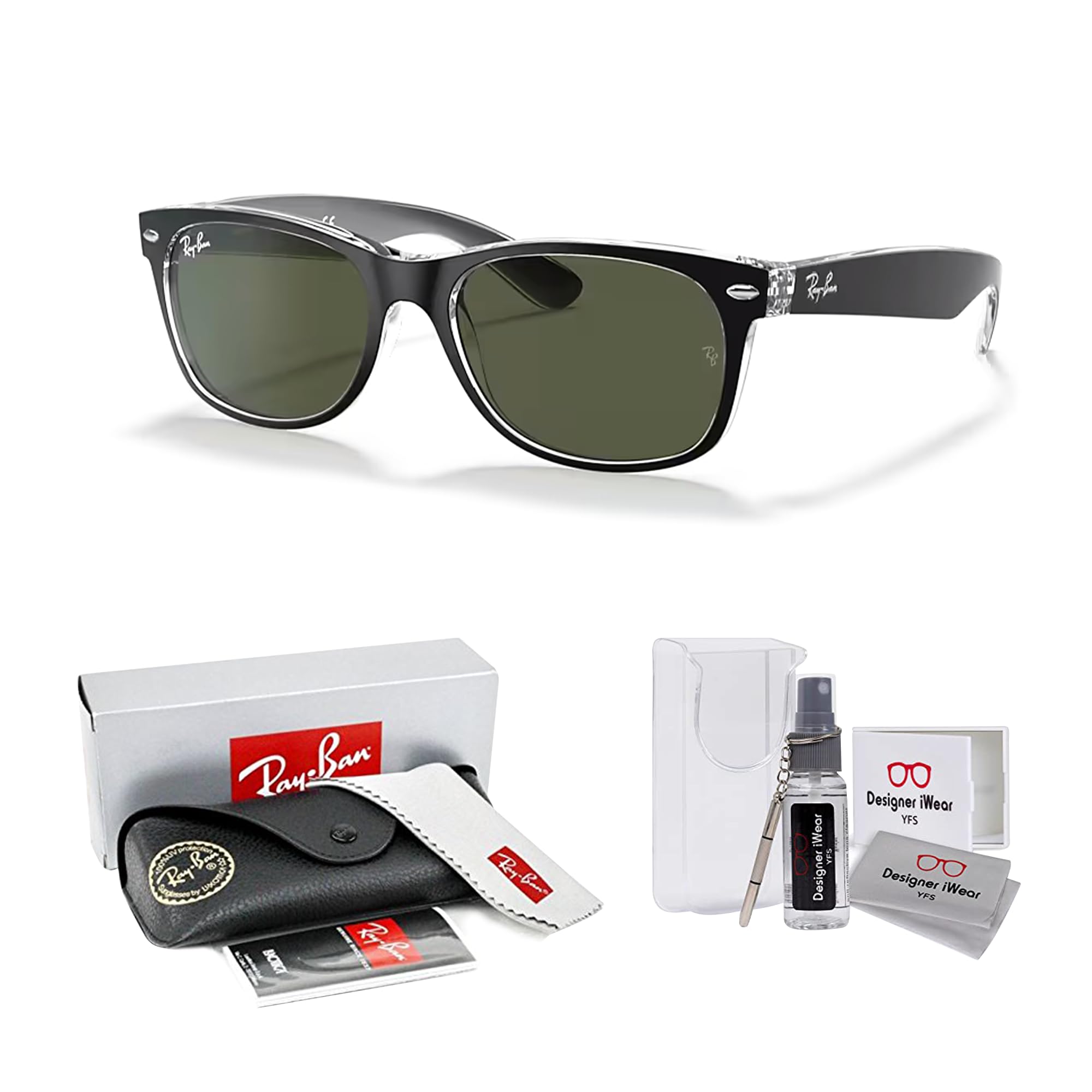 Ray-Ban RB2132 NEW WAYFARER Square Sunglasses For Men For Women + BUNDLE with Designer iWear Eyewear Kit (Black on Transparent/Crystal Lens G-15 Green)