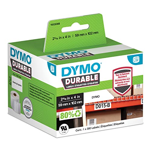 DYMO LW Durable Industrial Labels for LabelWriter Label Printers, White Poly, 2-5/16” x 4”, 1 Roll of 300