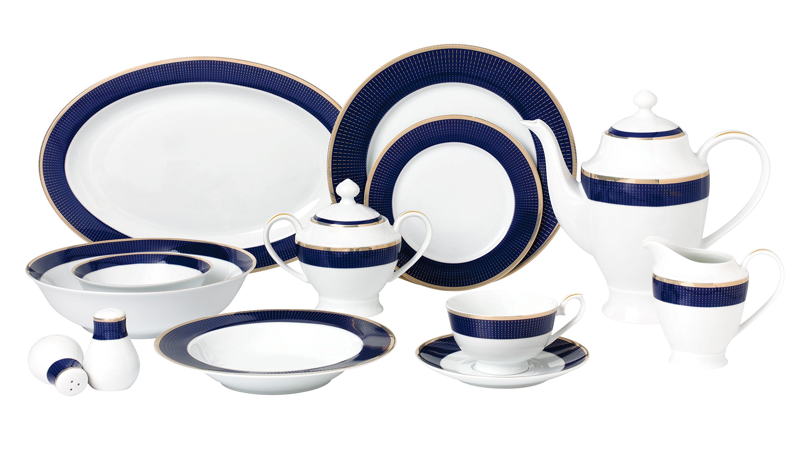 Lorren Home Trends Midnight-57 57 Piece Dinnerware Set-Bone China Service for 8 People-Midnight, Blue