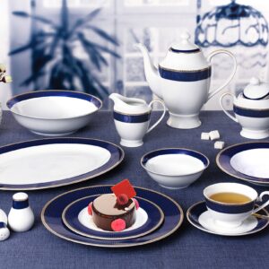 Lorren Home Trends Midnight-57 57 Piece Dinnerware Set-Bone China Service for 8 People-Midnight, Blue