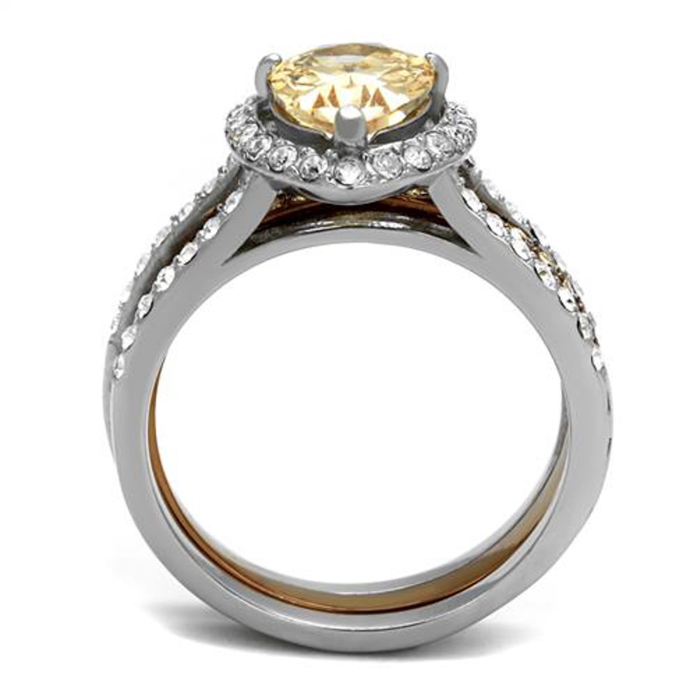 Marimor Jewelry 2.08 Carat Pear Cut Champagne Zirconia Two Toned Stainless Steel Wedding Ring Set Size 6