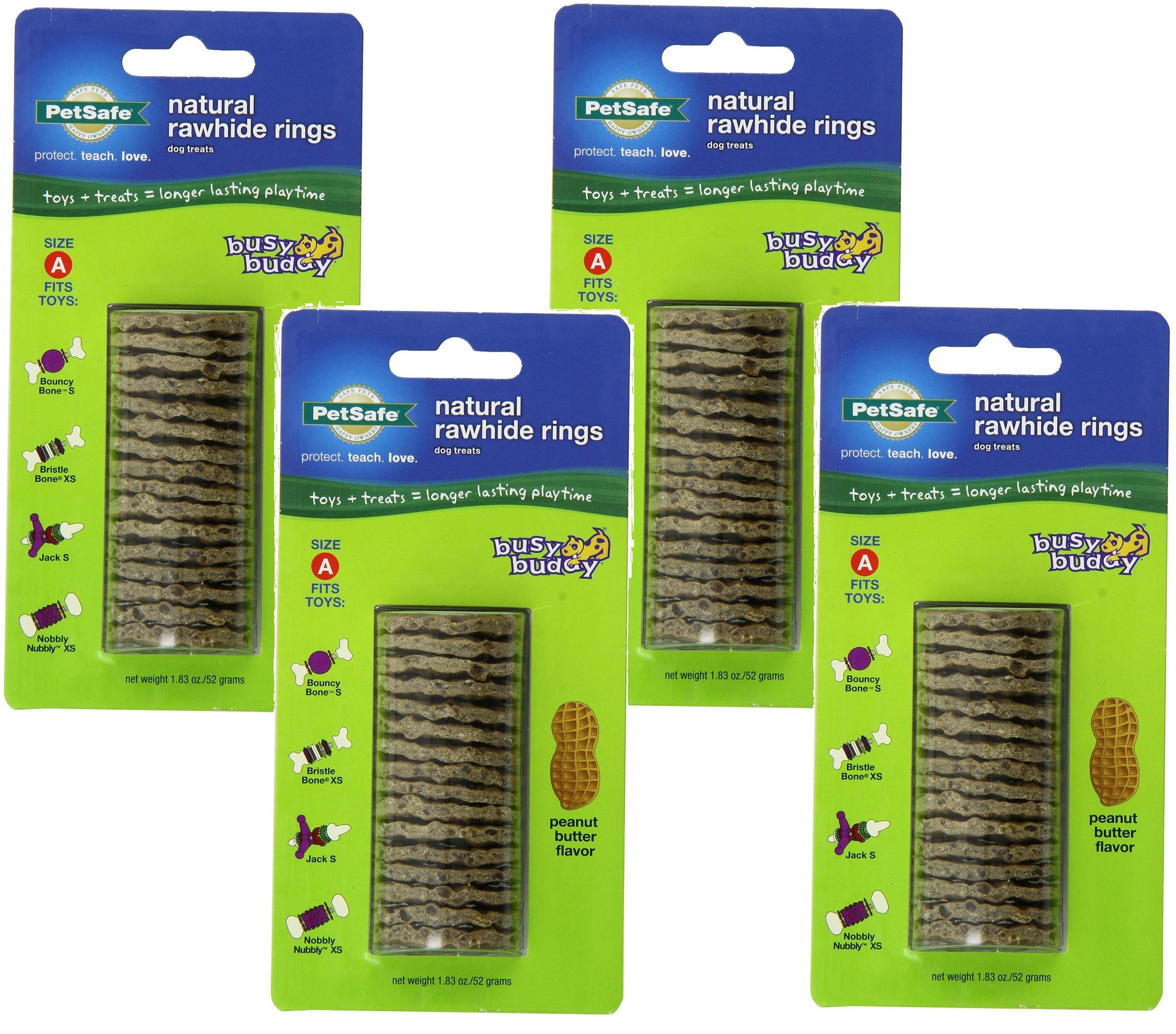 PetSafe (4 Pack) Busy Buddy Refill Ring Dog Treats for select Busy Buddy Dog Toys, Peanut Butter Flavored Natural Rawhide, Size A