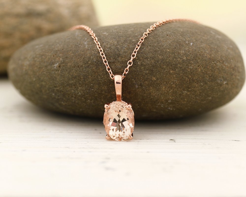 14k Rose Gold Morganite Pendant Necklace, 18" (8x6mm Oval Moragnite)