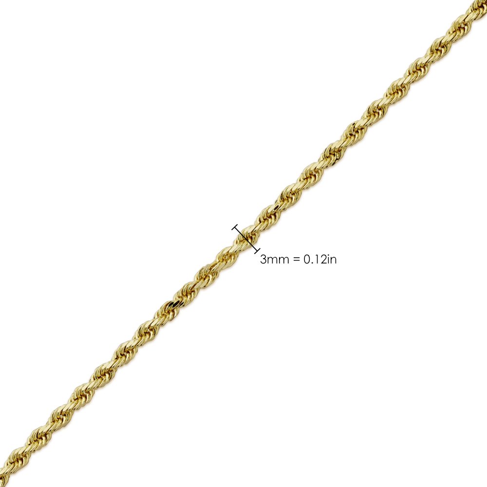 14K Yellow Gold 3mm 26" Solid Diamond Cut Rope Chain Necklace with Lobster Lock