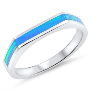 Blue Simulated Opal Angled Wedding Ring New .925 Sterling Silver Thumb Band Size 9