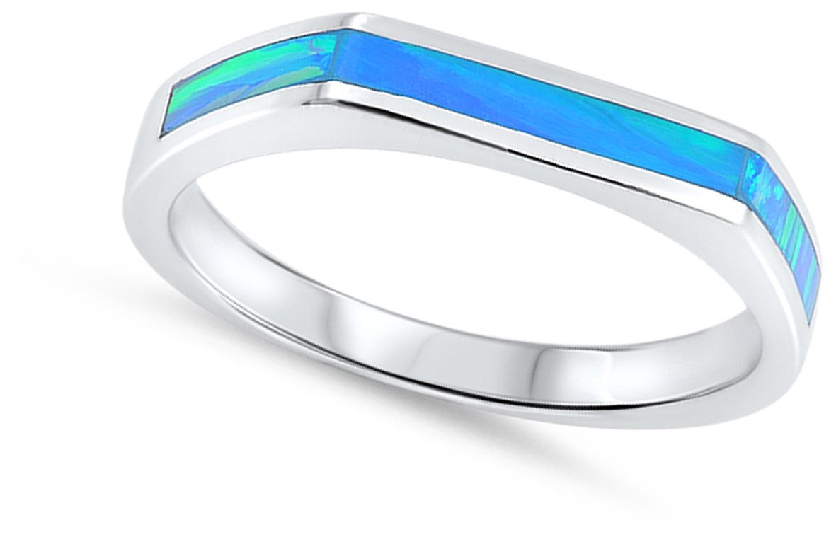 Blue Simulated Opal Angled Wedding Ring New .925 Sterling Silver Thumb Band Size 9