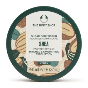 the body shop shea exfoliating sugar body scrub – refreshes and cools with a delicately nutty scent – vegan – 1.7 oz