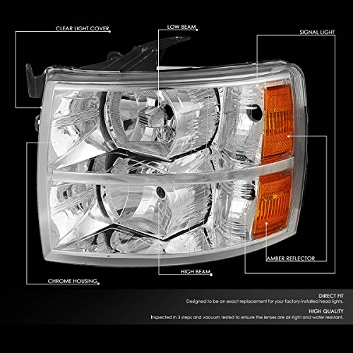 DNA MOTORING HL-OH-CSIL07-CH-AM Pair of Chrome Amber Headlights Compatible with 07-13 Silverado 1500/07-14 Silverado 2500 HD 3500