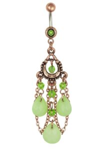 pierced owl 14ga 316l surgical steel vintage chandelier with jade colored tear drop beads chain dangling belly button ring (antique gold tone)