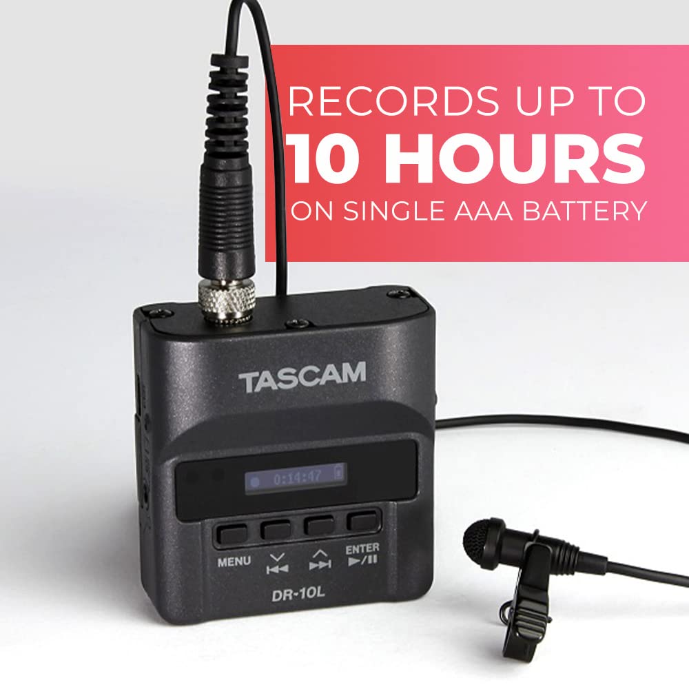 TASCAM Micro Portable Digital Audio Recorder with Lavalier Microphone, AV recording, interview recording 24-Bit/48 kHz BWAV File Format, Black (DR-10L)