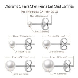 Charisma 3-7mm Composite Pearl Earrings Round Ball Pearls Stud Earrings Hypoallergenic 5 Pairs Mixed Sizes Imitation Pearl Earrings Set for Women