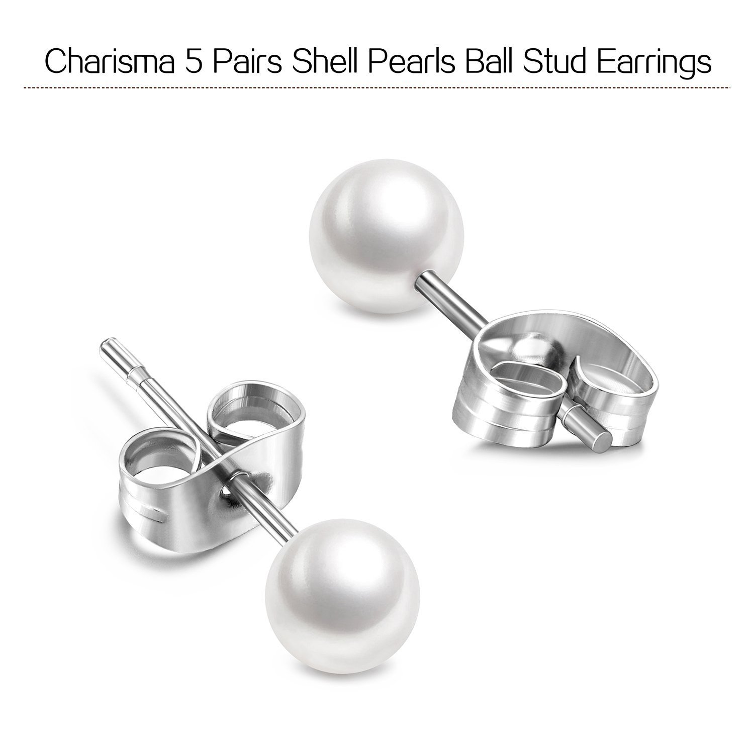 Charisma 3-7mm Composite Pearl Earrings Round Ball Pearls Stud Earrings Hypoallergenic 5 Pairs Mixed Sizes Imitation Pearl Earrings Set for Women