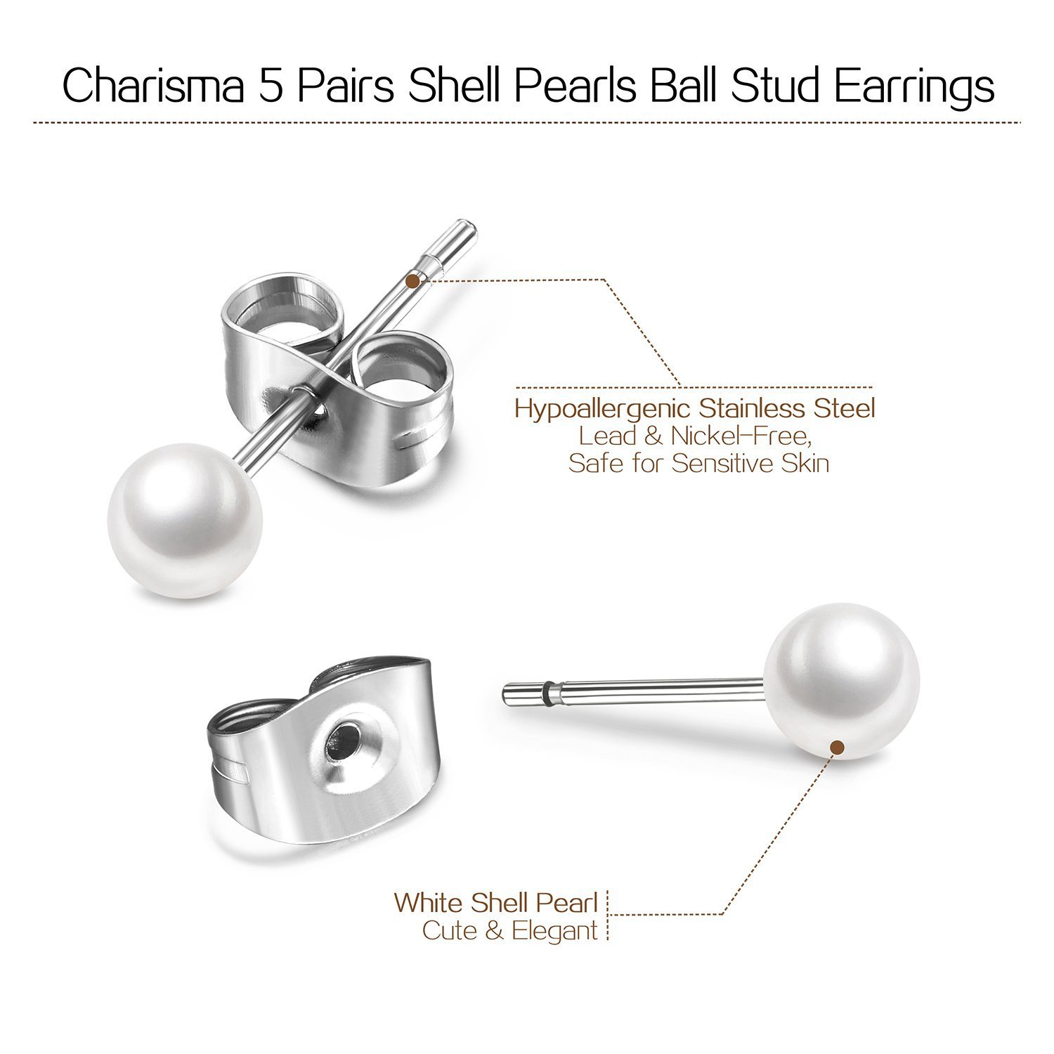 Charisma 3-7mm Composite Pearl Earrings Round Ball Pearls Stud Earrings Hypoallergenic 5 Pairs Mixed Sizes Imitation Pearl Earrings Set for Women