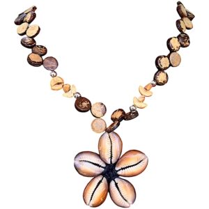 BlueRica Kaput Shells Flower on Brown Coconut Shell Disc Beads Necklace