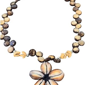 BlueRica Kaput Shells Flower on Brown Coconut Shell Disc Beads Necklace