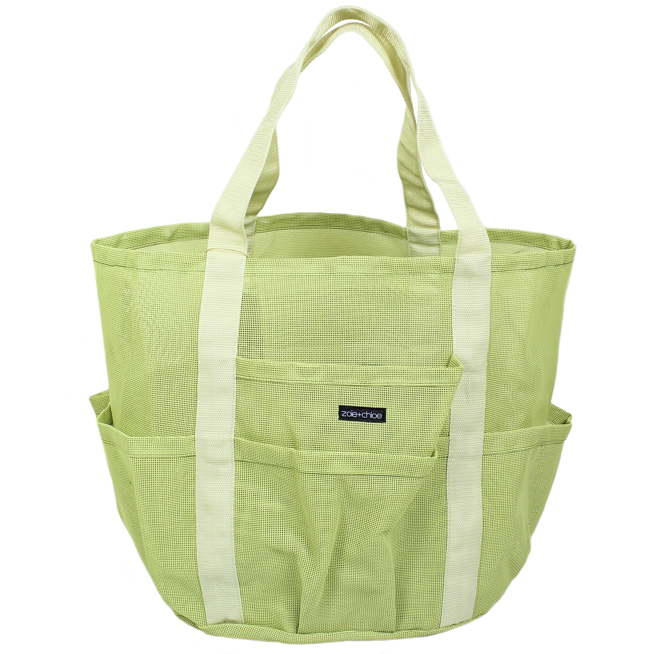 Zoie + Chloe Beach Mesh Tote Bag - 8 Pockets, Zipper, Key Hook & Carabiner