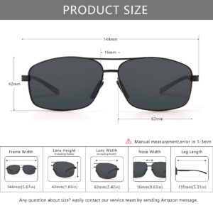 SUNGAIT Ultra Lightweight Rectangular Polarized Sunglasses UV400 Protection (Black Frame Gray Lens, 62) Metal Frame 2458 HKH