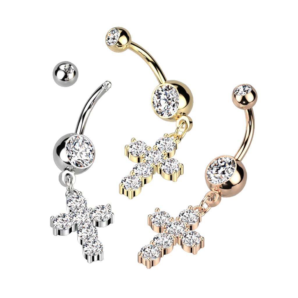 Dynamique Large Prong Set Multi CZ Cross Dangle 316L Surgical Steel Belly Button Ring (Sold Per Piece)