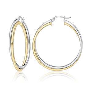 Sterling Silver Two-Tone Square-Tube Double Twisted 37mm Round Hoop Earrings