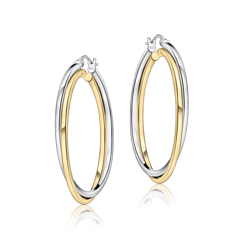 Sterling Silver Two-Tone Square-Tube Double Twisted 37mm Round Hoop Earrings