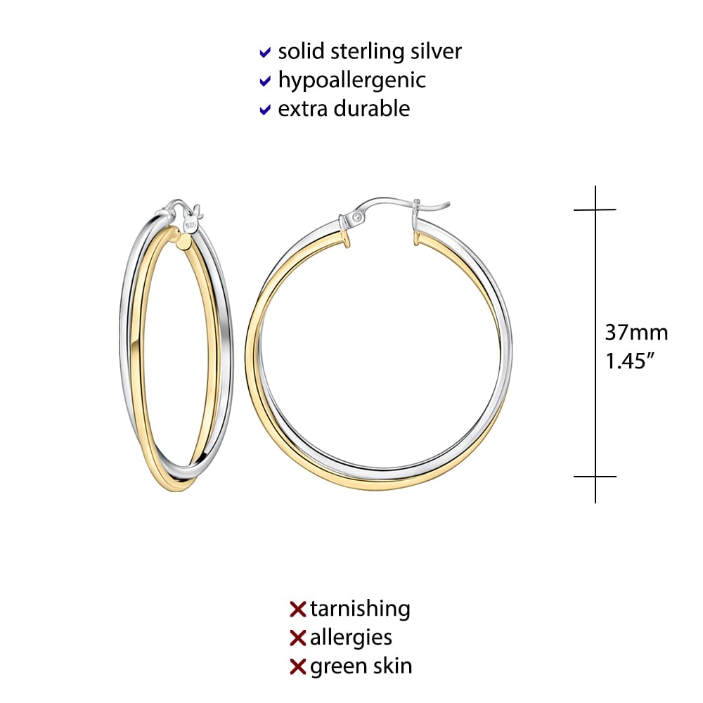 Sterling Silver Two-Tone Square-Tube Double Twisted 37mm Round Hoop Earrings