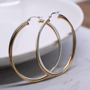 Sterling Silver Two-Tone Square-Tube Double Twisted 37mm Round Hoop Earrings