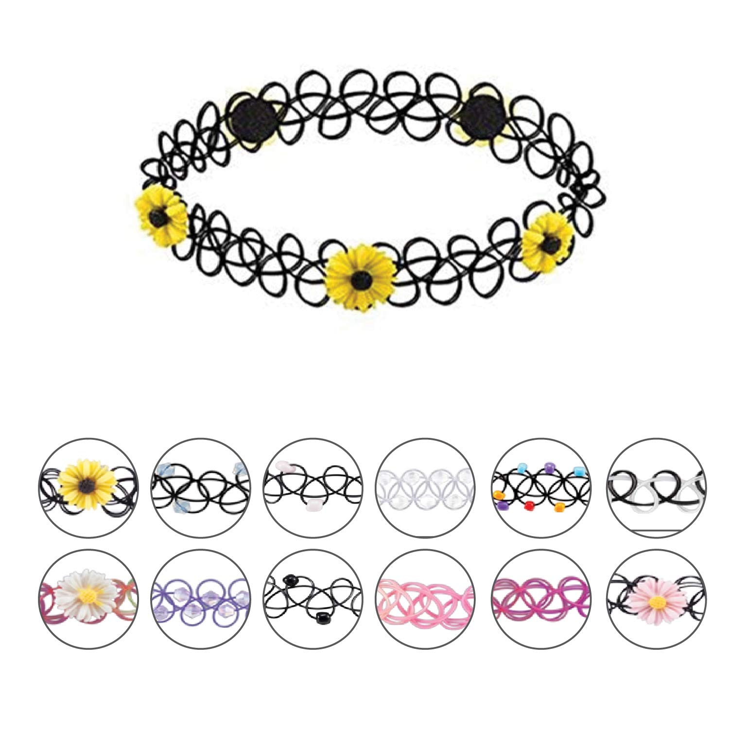 BodyJ4You 24PC Tattoo Choker Necklace Set - 90s Accessories Old School 2000s Jewelry - Yellow Daisy Pink Purple Flower Charm - One Size Women Teen Girl - Stretchy Multicolor Collar