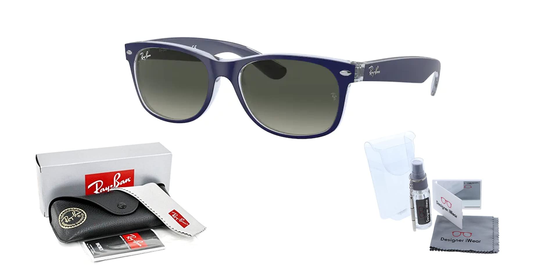 Ray-Ban RB2132 NEW WAYFARER Square Sunglasses For Men For Women + BUNDLE with Designer iWear Eyewear Kit (Matte Blue on Transparent/Crystal Lens Light Grey Gradient Dark Grey)