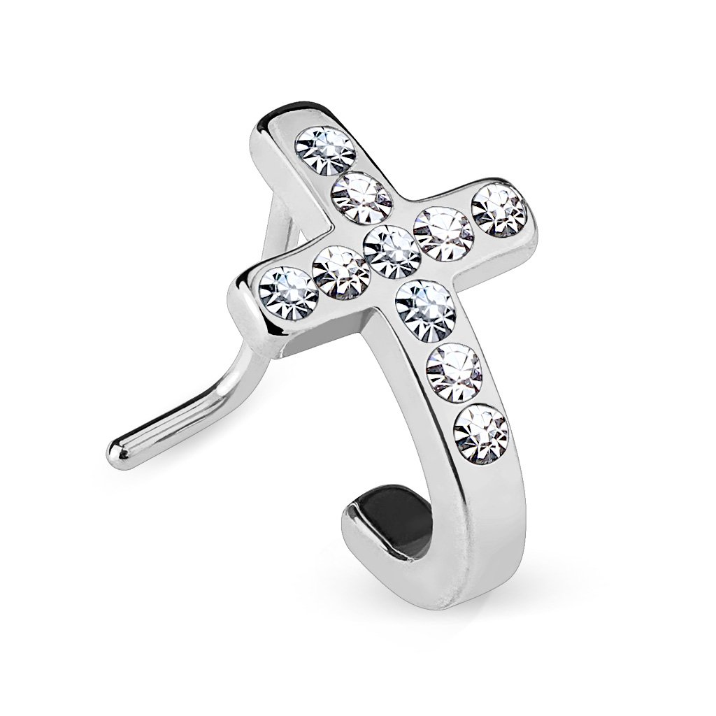 Dynamique Paved Crystals Cross 316L Surgical Steel L Bend Nose Stud Ring