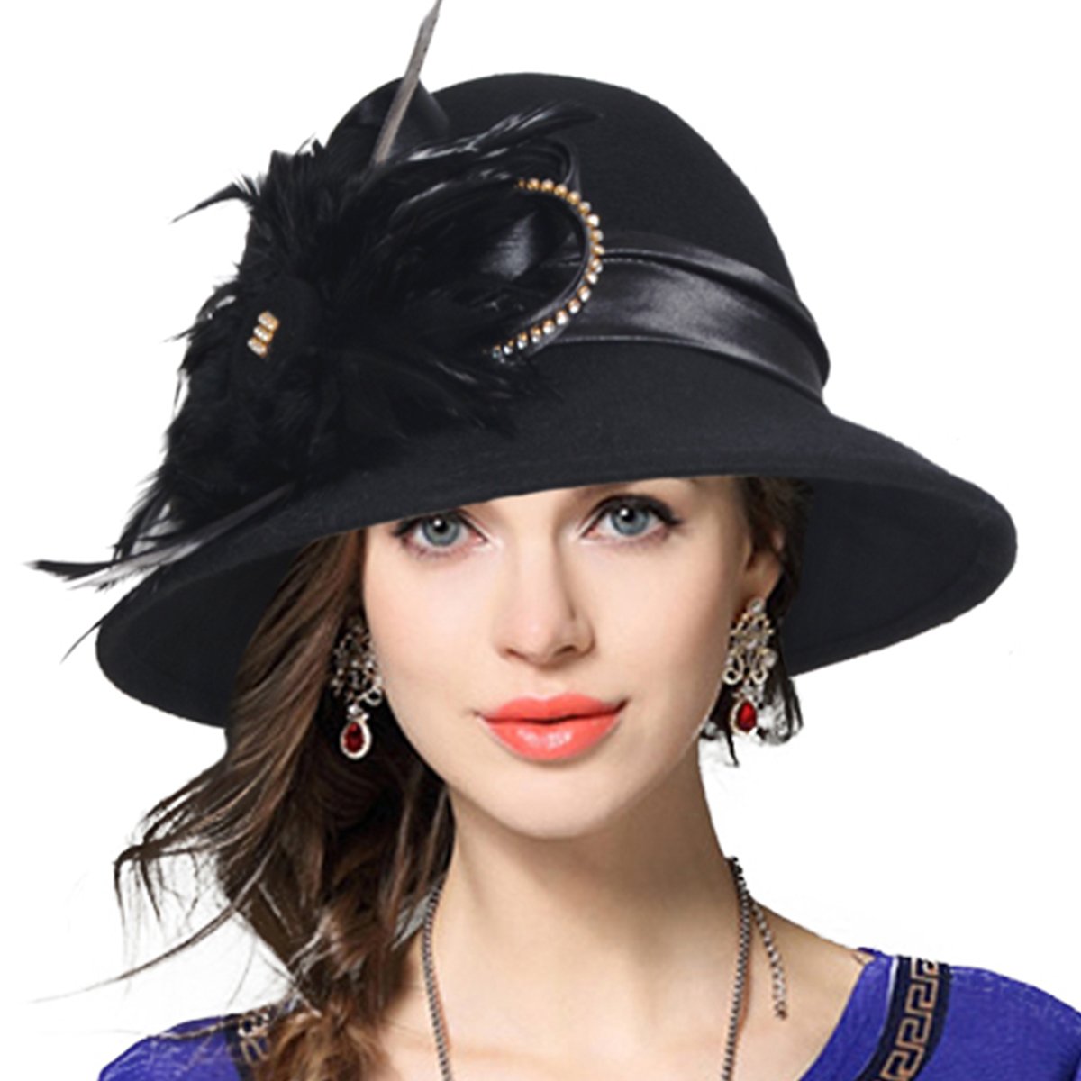 VECRY Women's Wool Church Dress Cloche Hat Plumy Felt Bucket Winter Hat (Black)