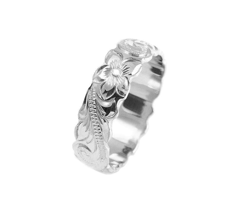 Arthur's Jewelry 14K white gold hand engraved Hawaiian plumeria scroll band ring cut out 6mm size 8.5