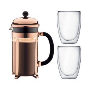 bodum chambord 8 cup french press coffee maker, copper, 1.0 l, 34 oz, pavina glass set, 2 pieces