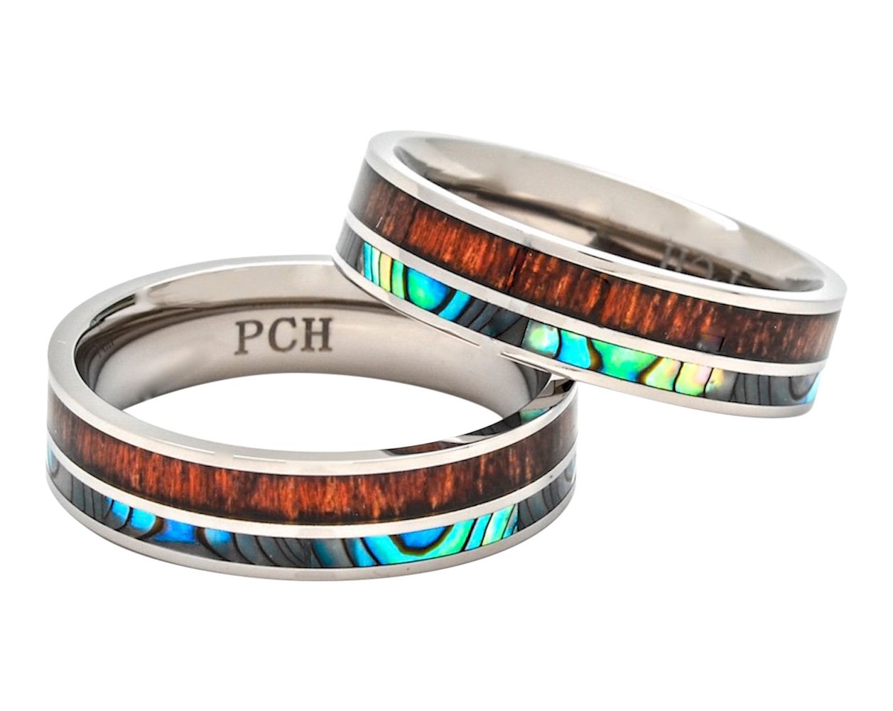 PCH Jewelers Titanium Hawaiian Koa Wood and Abalone Ring Comfort Fit 6mm Band (7.5)