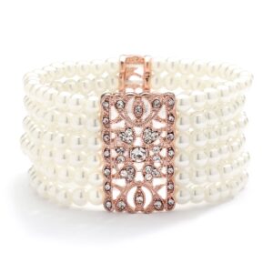 mariell ivory pearl and rose gold crystal stretch cuff bracelet, medium size 6" to 7" fits most wrists, simulated pearls,vintage design bracelet for brides, weddings, mother of the bride