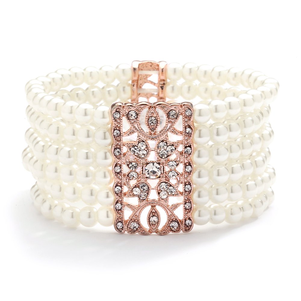 Mariell Ivory Pearl and Rose Gold Crystal Stretch Cuff Bracelet, Medium Size 6" to 7" Fits Most Wrists, Simulated Pearls,Vintage Design Bracelet for Brides, Weddings, Mother of The Bride