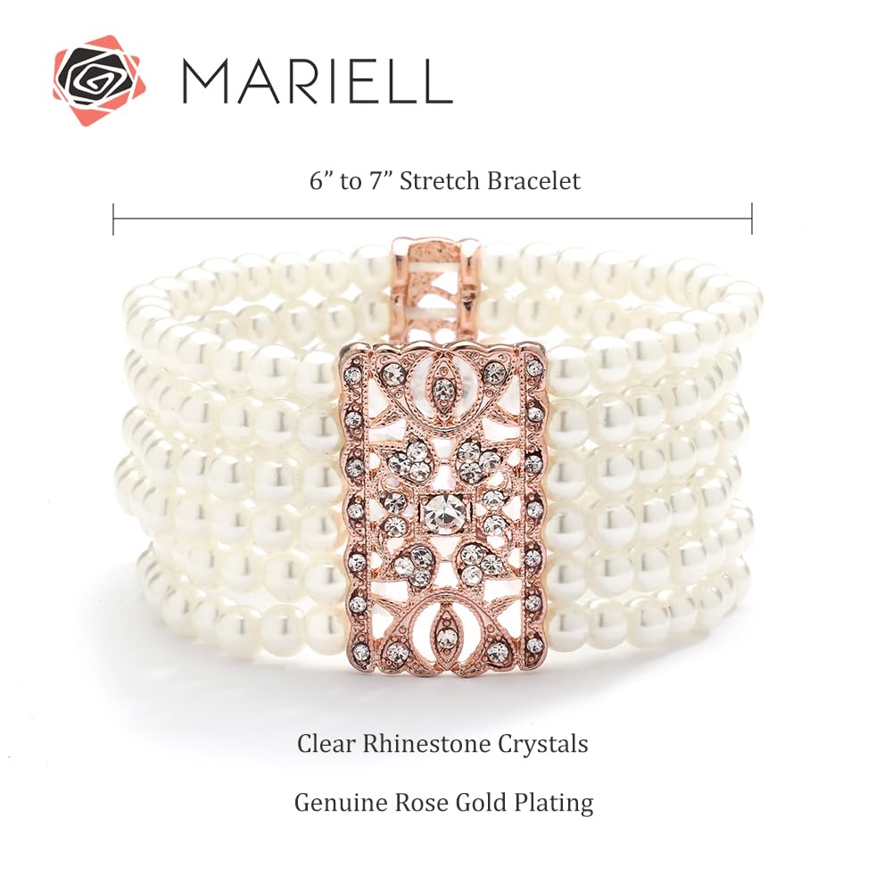 Mariell Ivory Pearl and Rose Gold Crystal Stretch Cuff Bracelet, Medium Size 6" to 7" Fits Most Wrists, Simulated Pearls,Vintage Design Bracelet for Brides, Weddings, Mother of The Bride