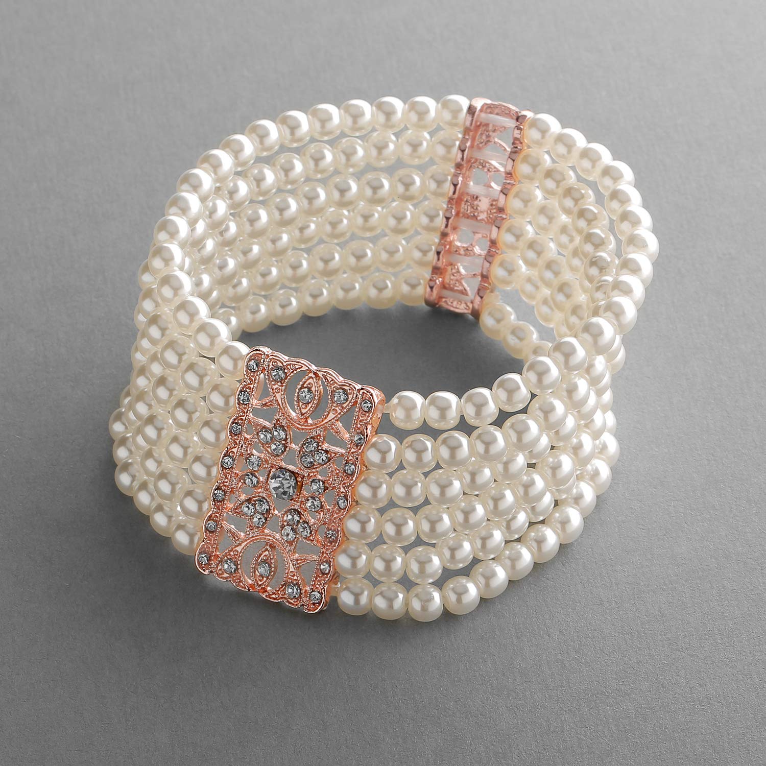 Mariell Ivory Pearl and Rose Gold Crystal Stretch Cuff Bracelet, Medium Size 6" to 7" Fits Most Wrists, Simulated Pearls,Vintage Design Bracelet for Brides, Weddings, Mother of The Bride