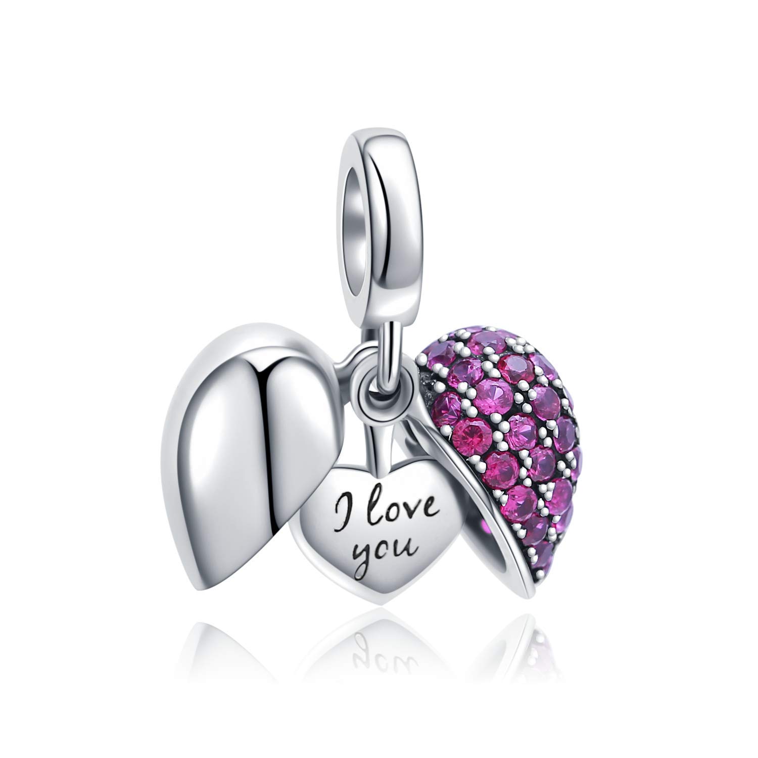 I Love You Heart Charm 925 Sterling Silver Dangle Bead Crystal Valentine's Day Gifts Fits Pandora European Bracelet Necklace(Fushcia -1)