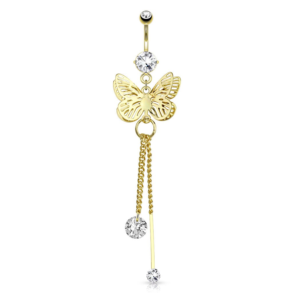 Butterfly Wings overlapped and CZ Attached to Chain String Dangle 4Kt Gold Plated Belly Button Ring