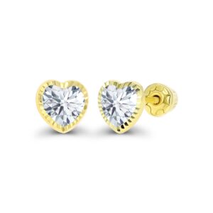 solid 14k yellow gold 4mm heart shaped cubic zirconia diamond cut bezel screw back stud earrings, 4mm