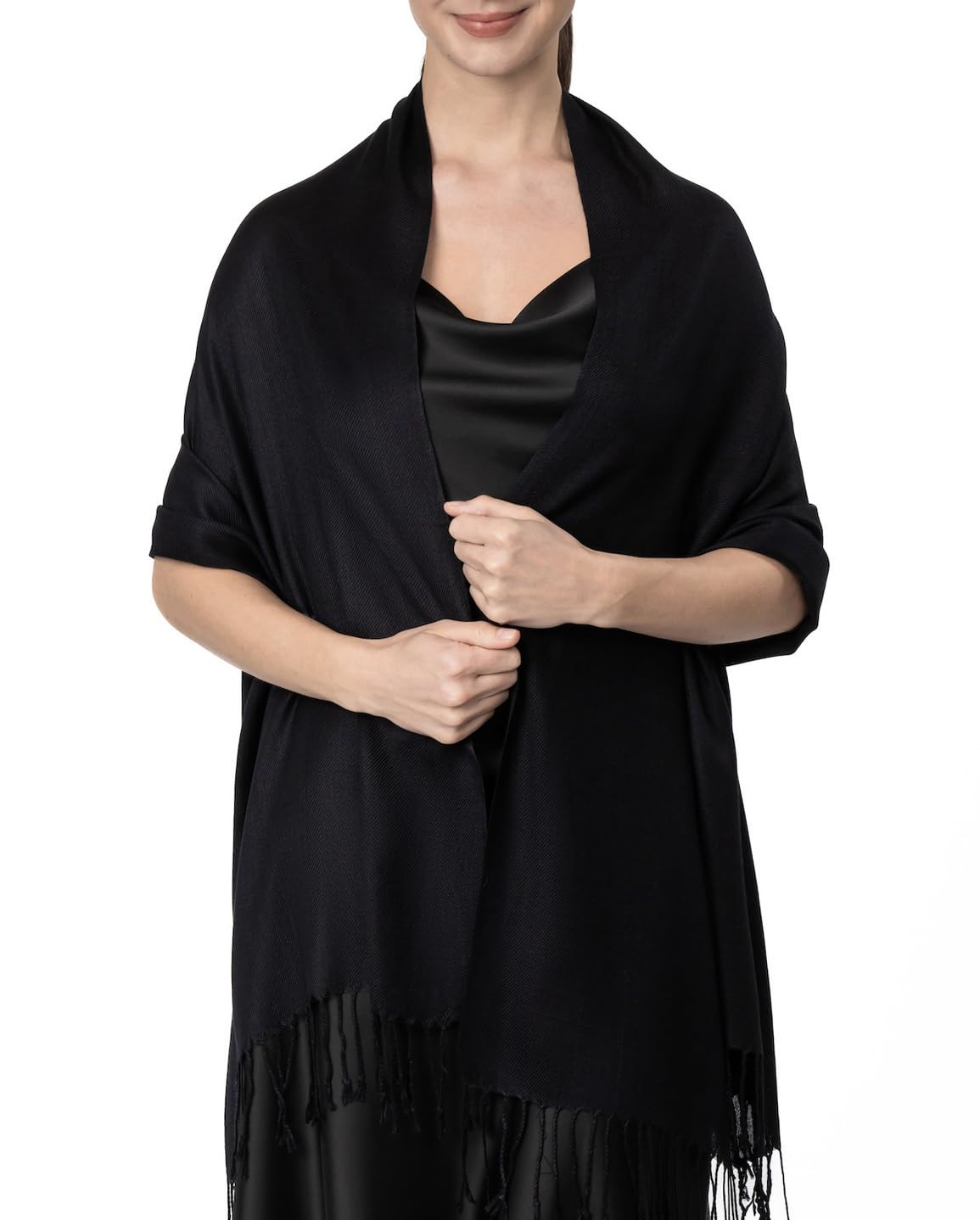 Achillea Large Soft Silky Pashmina Shawl Wrap Scarf in Solid Colors (Black)