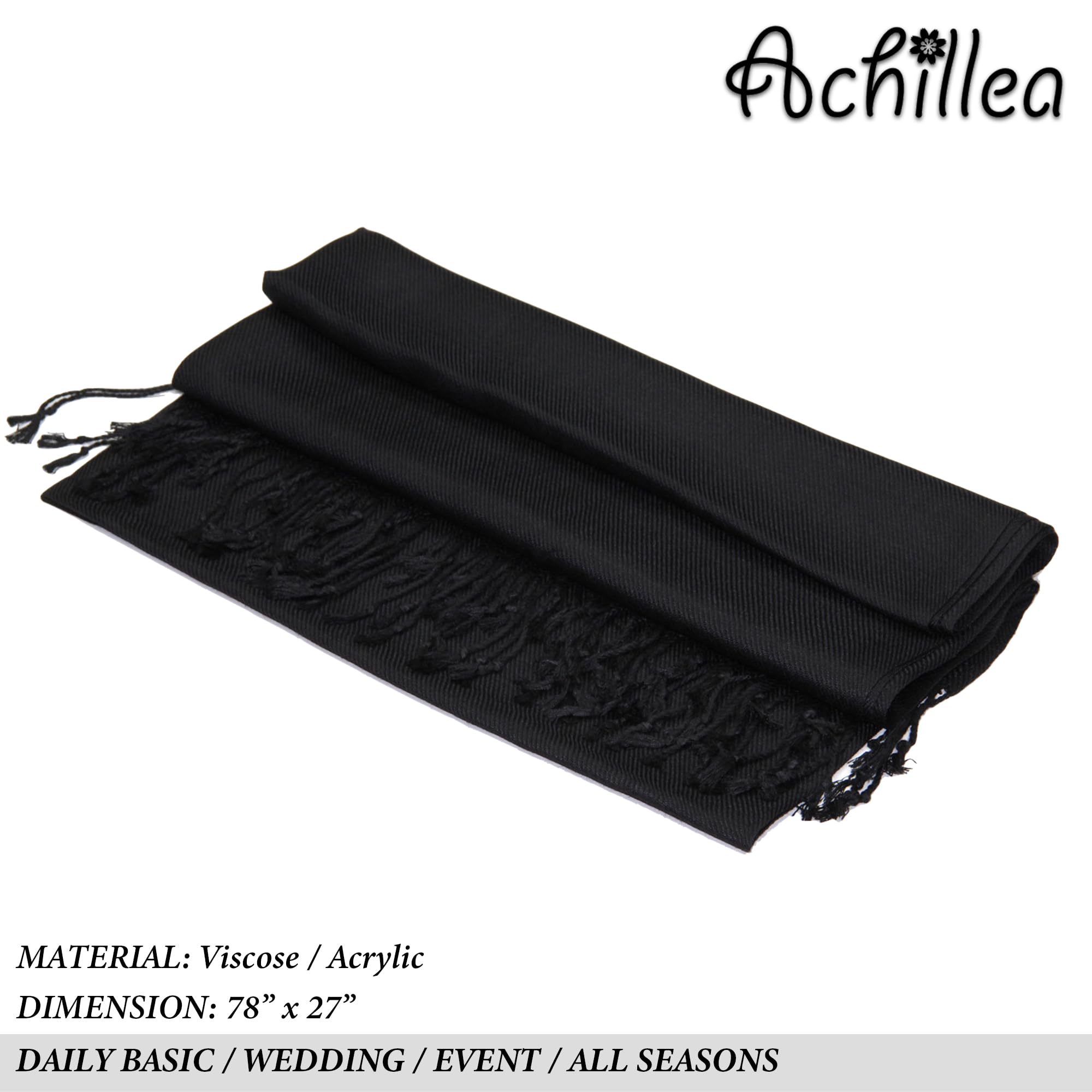 Achillea Large Soft Silky Pashmina Shawl Wrap Scarf in Solid Colors (Black)