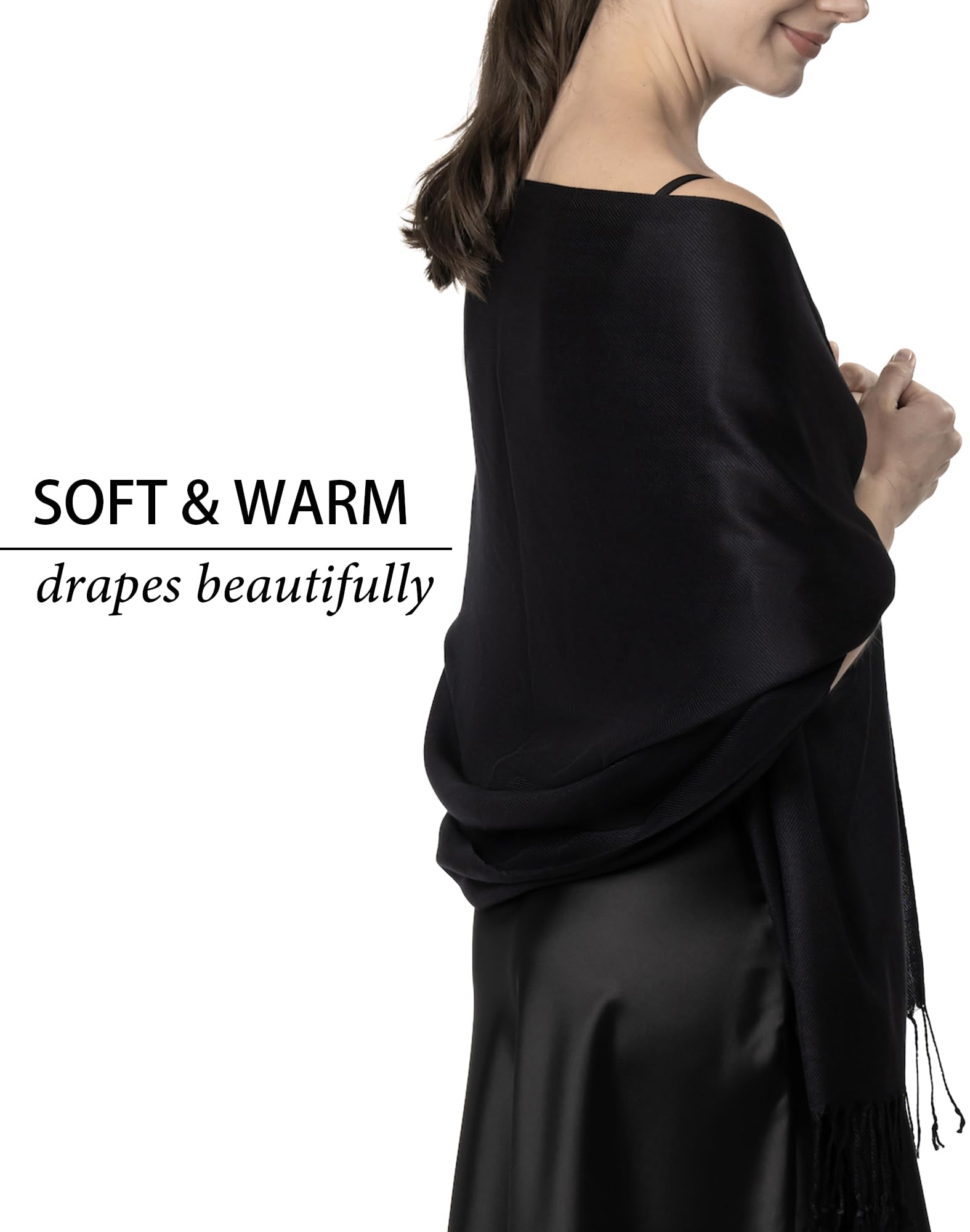 Achillea Large Soft Silky Pashmina Shawl Wrap Scarf in Solid Colors (Black)