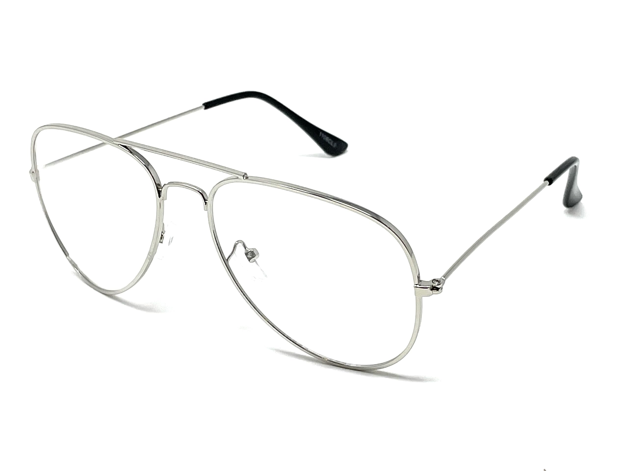 SHAMZBEST Clear Lens Aviator Eyeglasses Classic Retro Metal Frame (A#1 Silver, Large, Clear) (Silver)