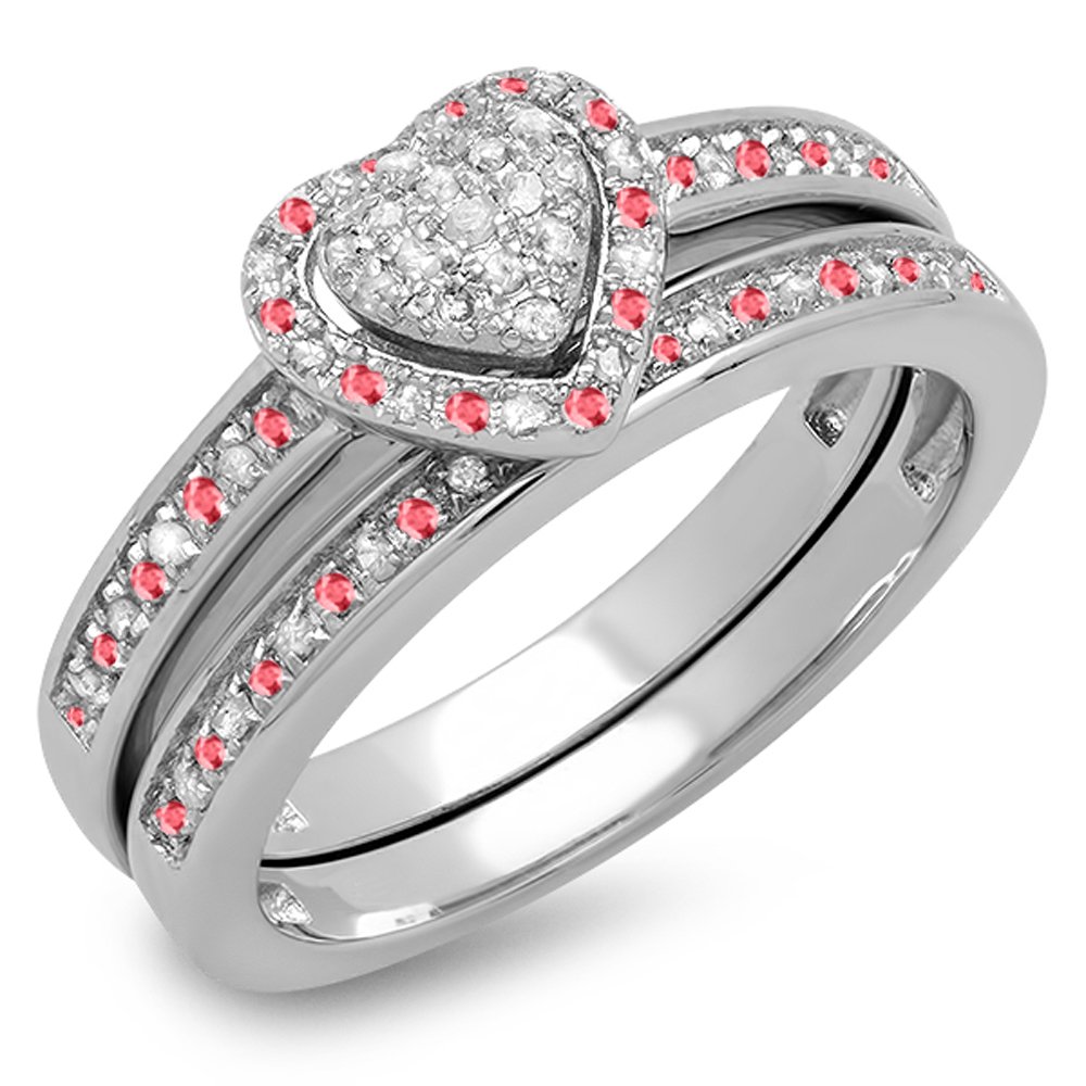 Dazzlingrock Collection Round Ruby & White Diamond Heart Shaped Wedding Ring Set in 925 Sterling Silver, Size 9