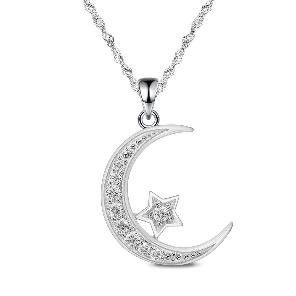 Gemschest 925 Sterling Silver Moon Necklace Cubic Zirconia Crescent Moon Star Phase Pendant Necklace Dainty Chain 18" Chain Silver Necklace for Mom Women Ladies (Crescent Moon)