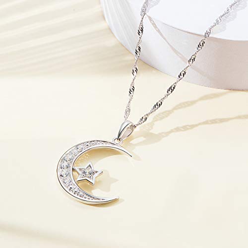 Gemschest 925 Sterling Silver Moon Necklace Cubic Zirconia Crescent Moon Star Phase Pendant Necklace Dainty Chain 18" Chain Silver Necklace for Mom Women Ladies (Crescent Moon)