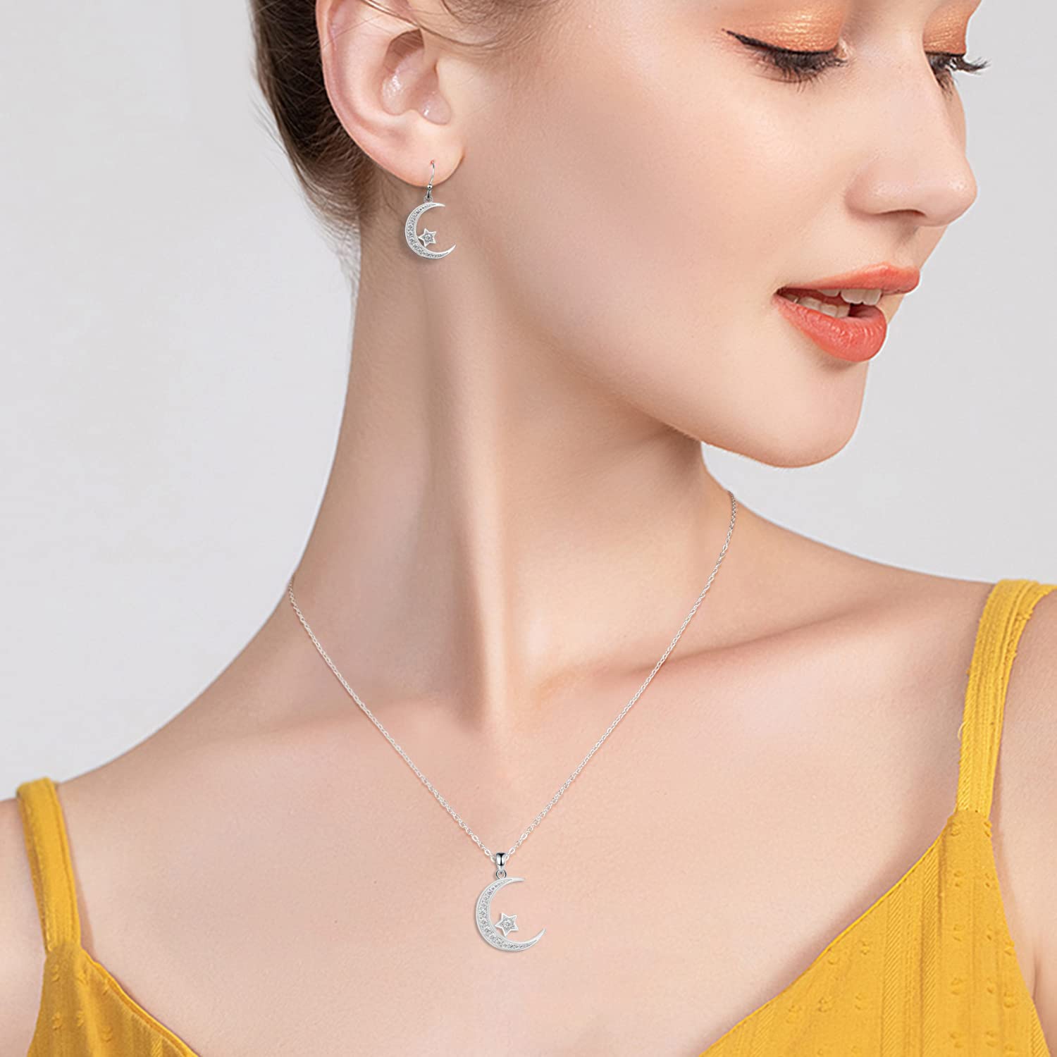 Gemschest 925 Sterling Silver Moon Necklace Cubic Zirconia Crescent Moon Star Phase Pendant Necklace Dainty Chain 18" Chain Silver Necklace for Mom Women Ladies (Crescent Moon)