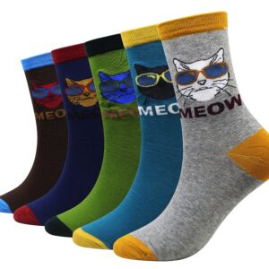 Wish Island Men's 5 Packs Animal Socks Cat Gifts Cute Fun Crazy Cotton Casual Crew Socks (Cat)