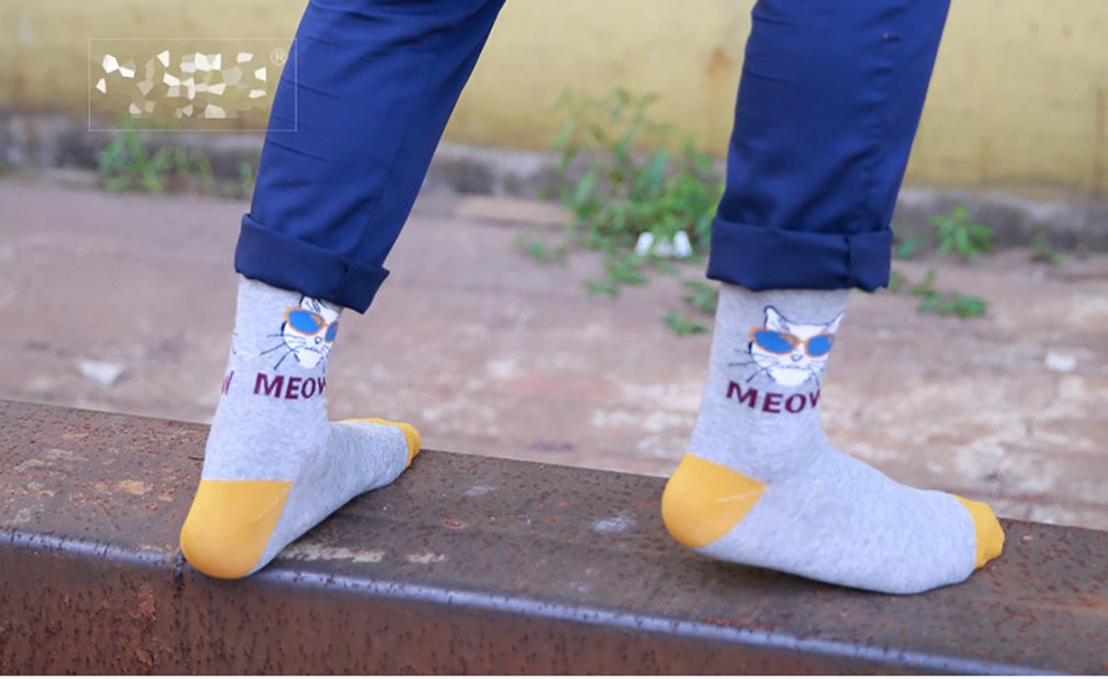 Wish Island Men's 5 Packs Animal Socks Cat Gifts Cute Fun Crazy Cotton Casual Crew Socks (Cat)